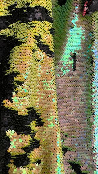 Пайеточная ткань на трикотажной основе перевёртыш, 339 зелёно-жёлтый 339 в интернет-магазине  IrisTextil